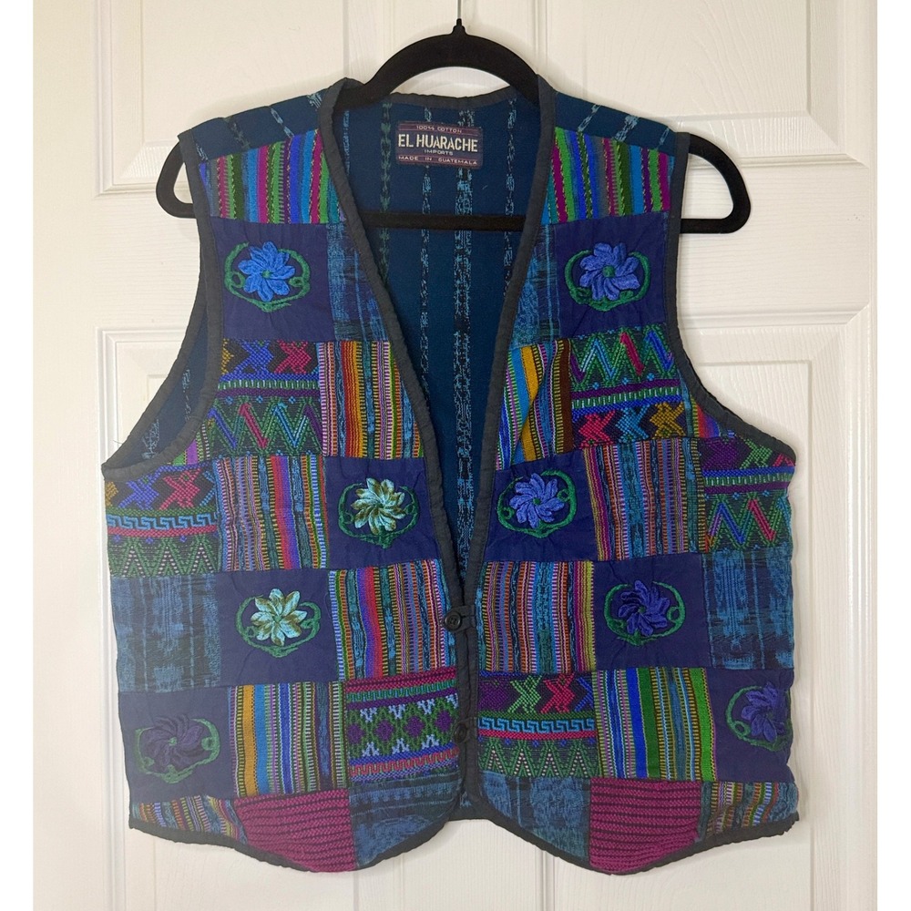 El Huarache Imports Vest Womens M Blue Excellent Patchwork Embroidered Guatemala